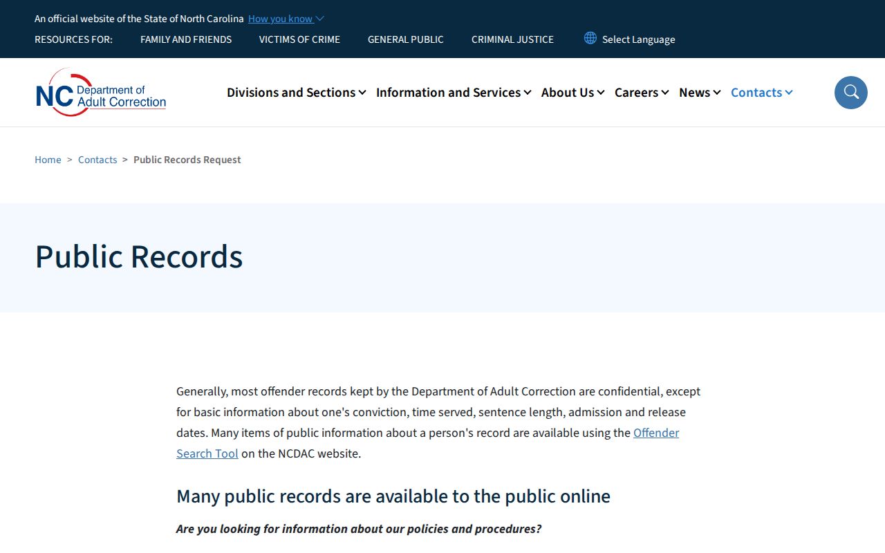 NC DAC state prison release records request for Perquimans County