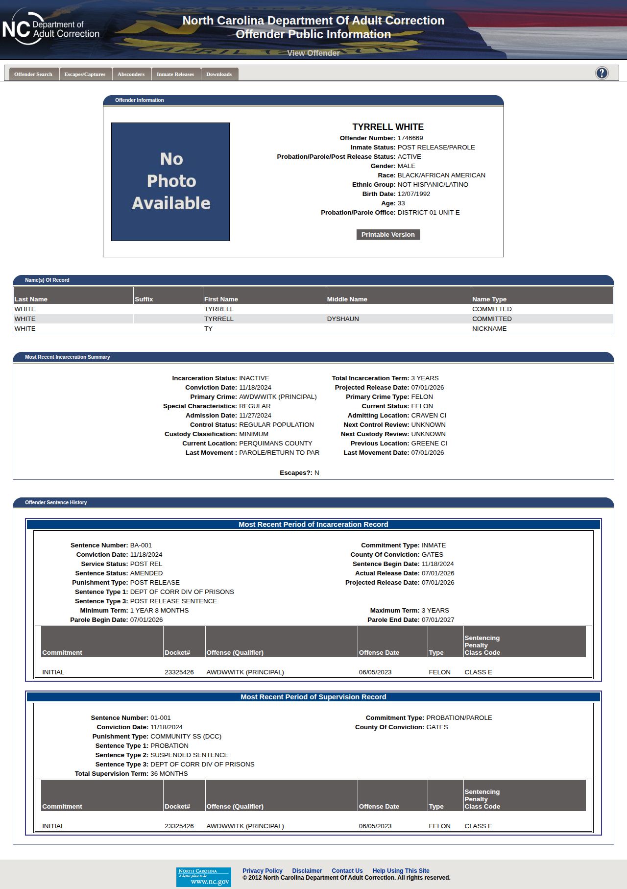 NC DAC projected and actual release date fields for Perquimans County lookup